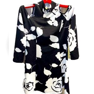 Aryeh Black Flowers DRESS Cold Shoulder A Line Stretchy Knit Mock Neck Flared L